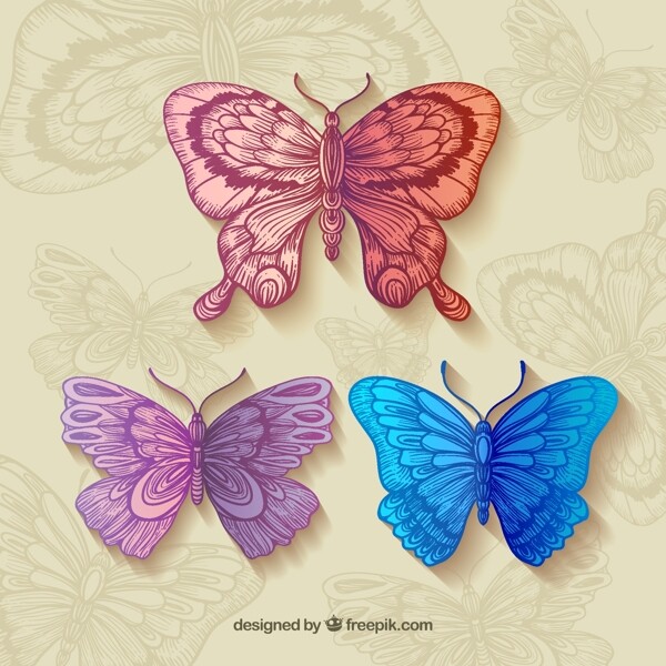 3款复古彩色花纹蝴蝶矢量素材