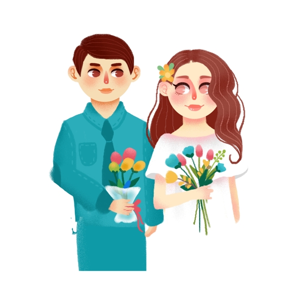 拿花束的新娘和新郎卡通背景可商用元素