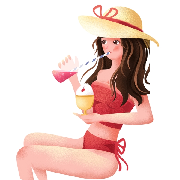 性感手绘夏天度假和饮料吃冰淇淋的女孩