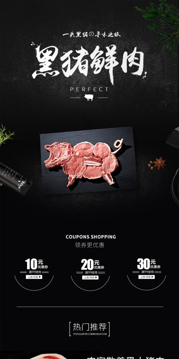 电商淘宝黑猪鲜肉黑白简约高端猪肉首页模板