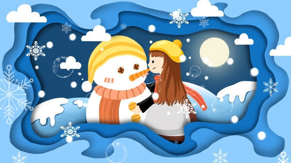 节气大雪之可爱女孩与雪人插画