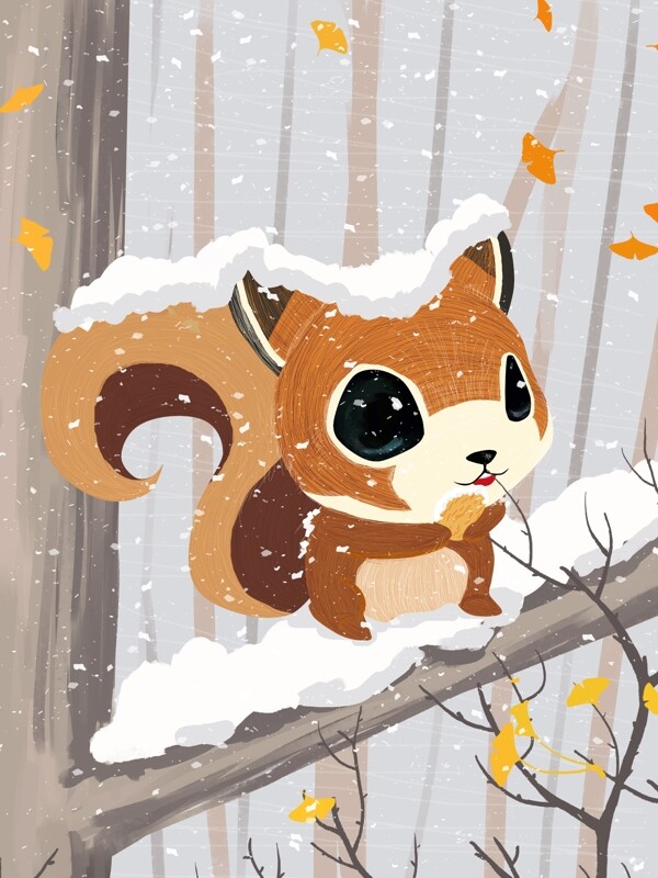 下雪冬天松鼠树上吃松子