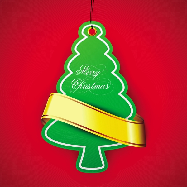 绿色的圣诞树在红色背景的金色彩带