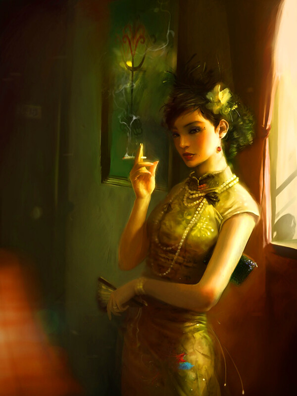 油画抽烟的女人图片