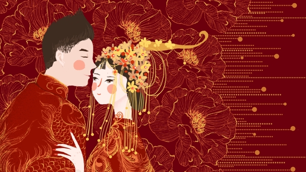 小清新中国红中式婚礼邀请函手绘插画