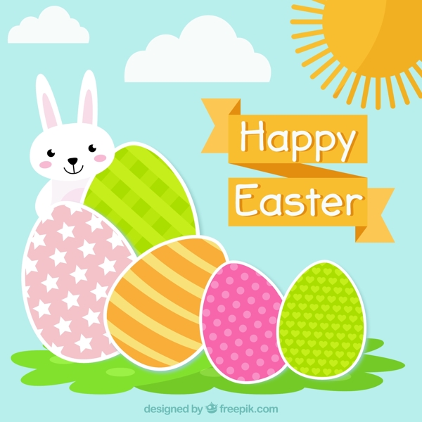 创意彩蛋和白兔复活节贺卡矢量图