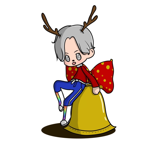 原创手绘Q版人物圣诞节坐在铃铛上元素