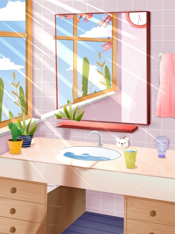 清新阳光照明洗手间早安背景设计