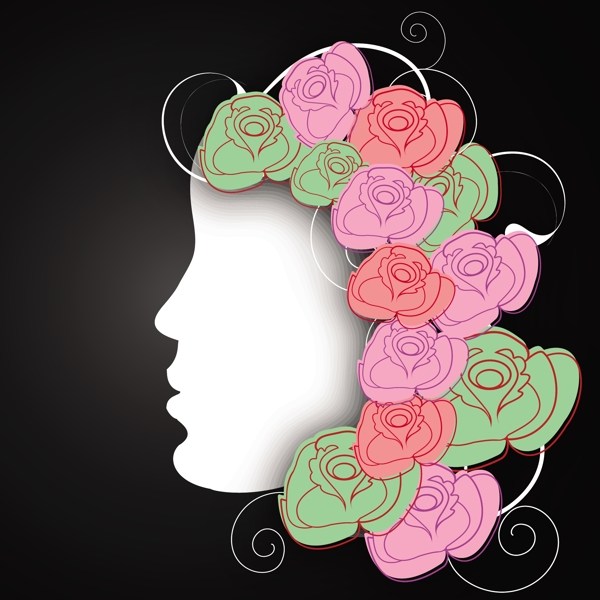三八妇女节贺卡或海报以丰富多彩的玫瑰装饰的黑色背景的女孩的脸插画设计