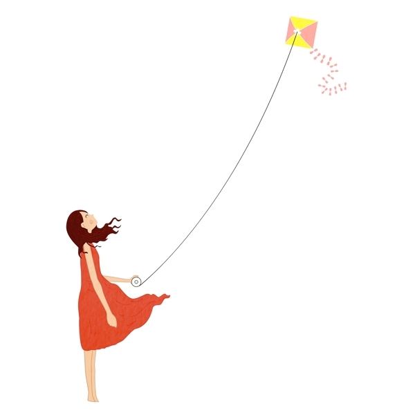 手绘卡通放风筝的女孩元素
