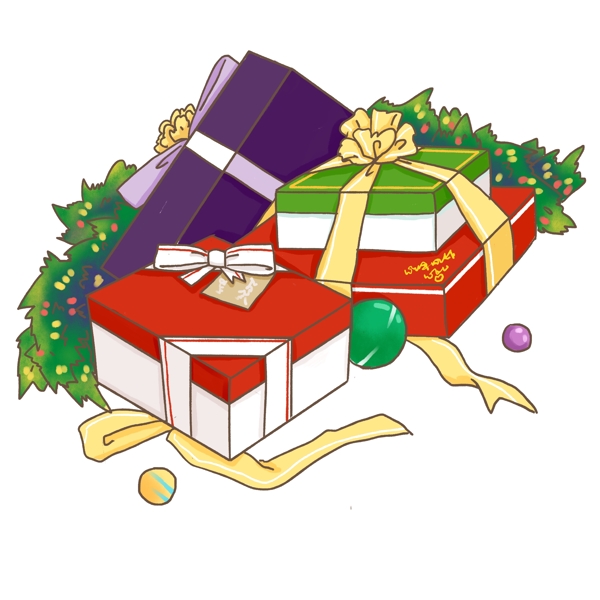平安夜圣诞节礼物盒紫色红色松枝