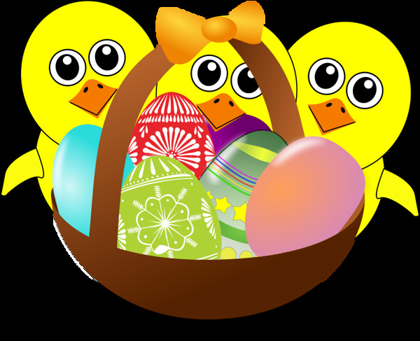 有趣的卡通复活节小鸡的鸡蛋放在一个篮子里
