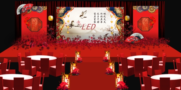室内设计红色中式婚礼主舞台psd效果图