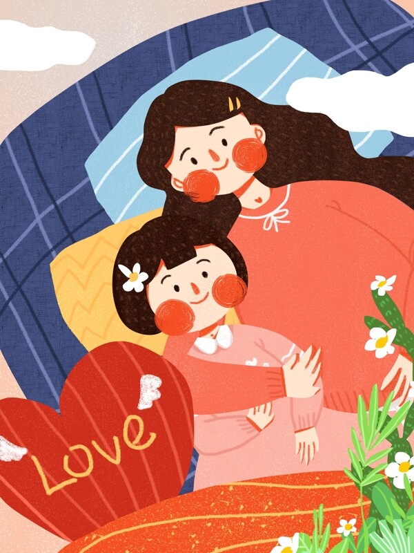 国际儿童日母亲陪伴女儿可爱简约原创插画