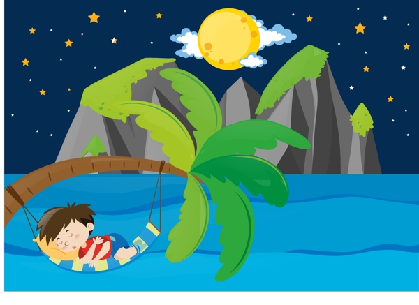 卡通儿童节在海边睡觉的孩子