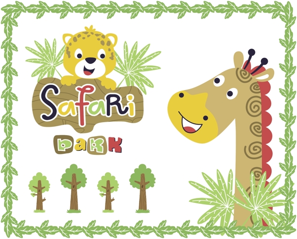 可爱绿色边框长颈鹿儿童插画