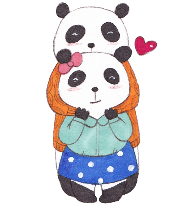 情侣熊猫手绘插画