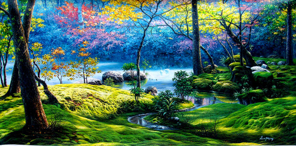 油画树林小溪风景图片