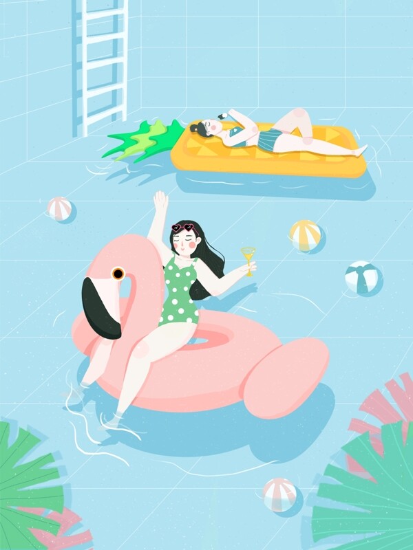 清新唯美夏天游泳场景原创插画卡通海报