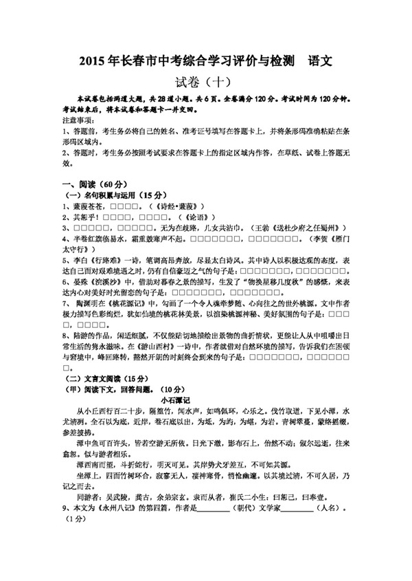 语文长春版长春市中考综合学习评价与检测语文试题10及答案