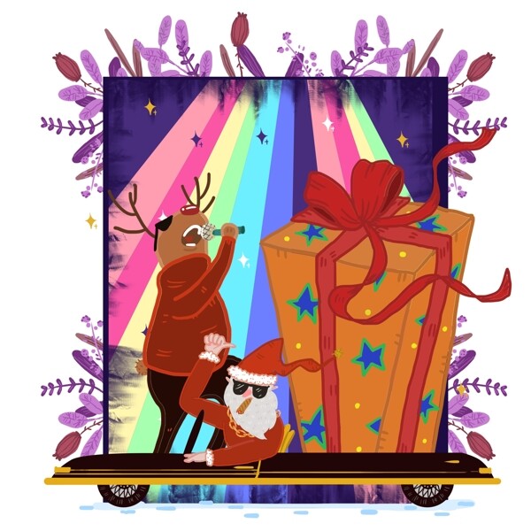 手绘炫酷潮圣诞老人和麋鹿设计元素