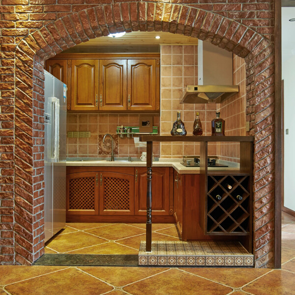 欧美经典复古风厨房红砖拱门装修效果图