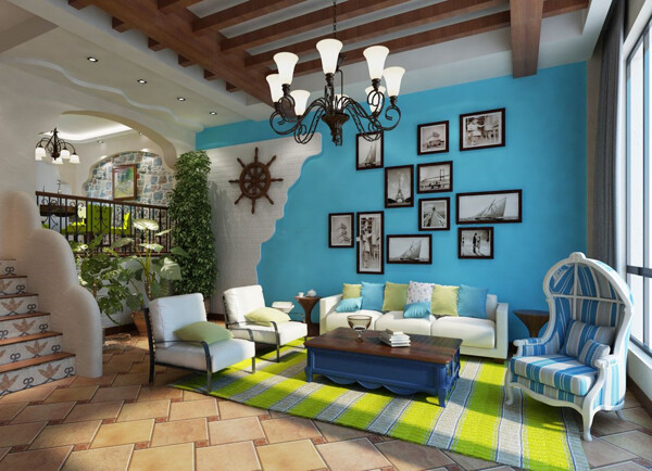 纯美地中海客厅背景墙装饰装修效果图
