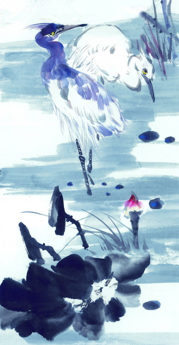 小鸟喜鹊油墨画花丛动物中华艺术绘画