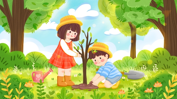 清新唯美312植树节孩子栽树绿色环保插画