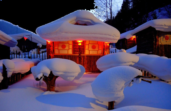 一组圣诞雪景小屋素材