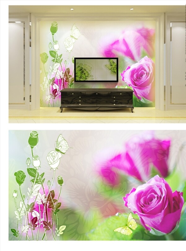 玫瑰花家和富贵电视背景墙