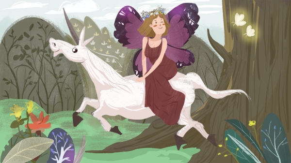 原创插画森林公主骑着独角兽