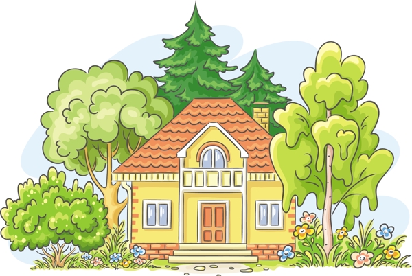 卡通房屋与树木矢量素材