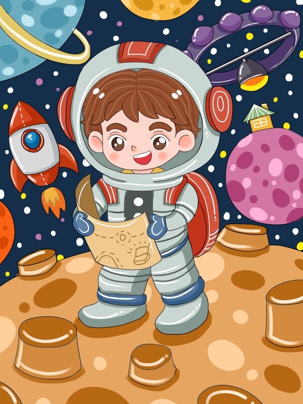 原创月球日小朋友奇妙探险太空儿童插画