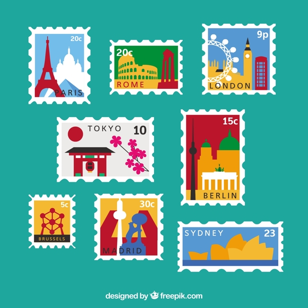 手绘城市元素邮票平面设计图标