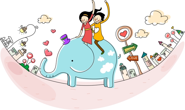 大象上的卡通情侣图片