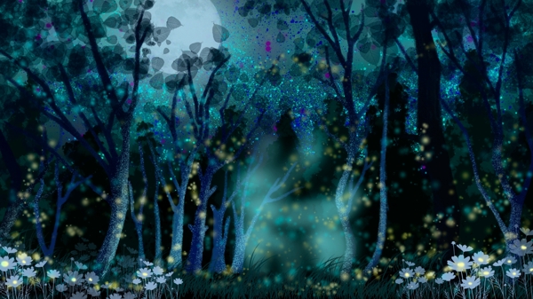 唯美晚安你好树林下的萤火虫背景素材