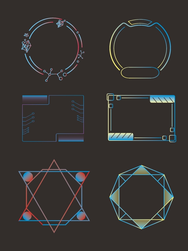 科技风边框元素可商用蓝色红色黄色渐变多形