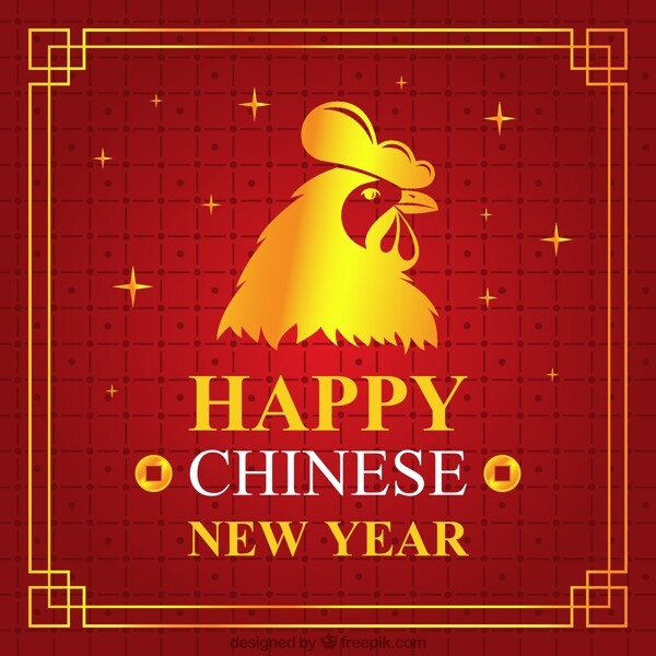 红色中国新年背景与金公鸡