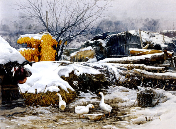 油画乡村雪景图片