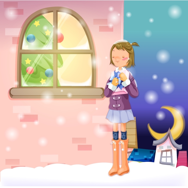 在雪中等待她的礼物的女孩