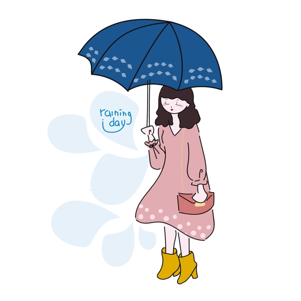 打伞女孩雨天下雨粉红裙子矢量小清新