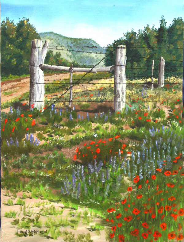 牧场栅栏鲜花油画图片