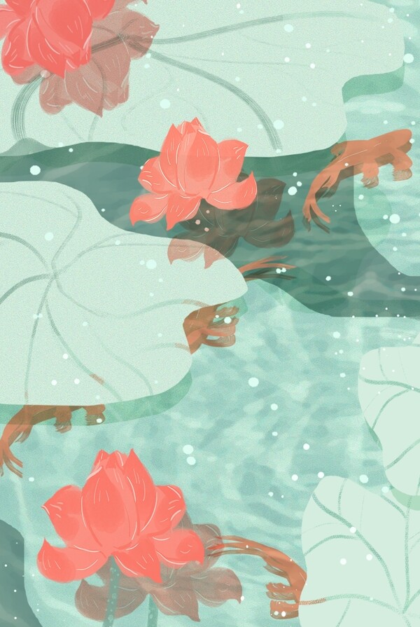 夏天唯美锦鲤荷花池手绘平面背景图
