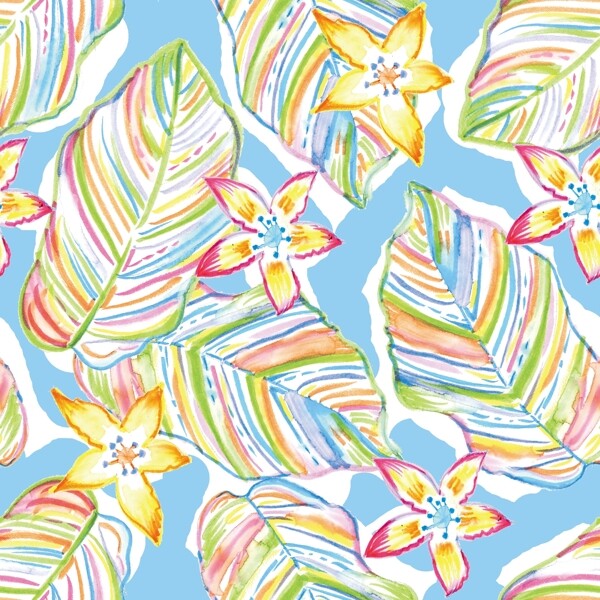 彩色热带植物手绘树叶数码印花