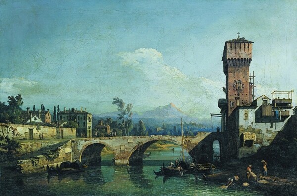 BernardoBellottoCapricciowithaRiverandBridge1745画家古典画古典建筑古典景物装饰画油画