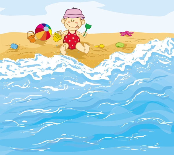 小男孩在海滩上玩矢量插画