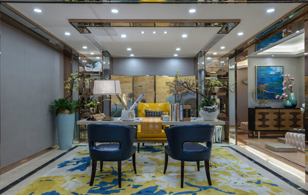 现代时尚清新客厅蓝色椅子室内装修效果图