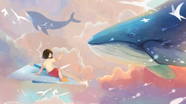 蓝色梦幻鲸鱼治愈插画图片