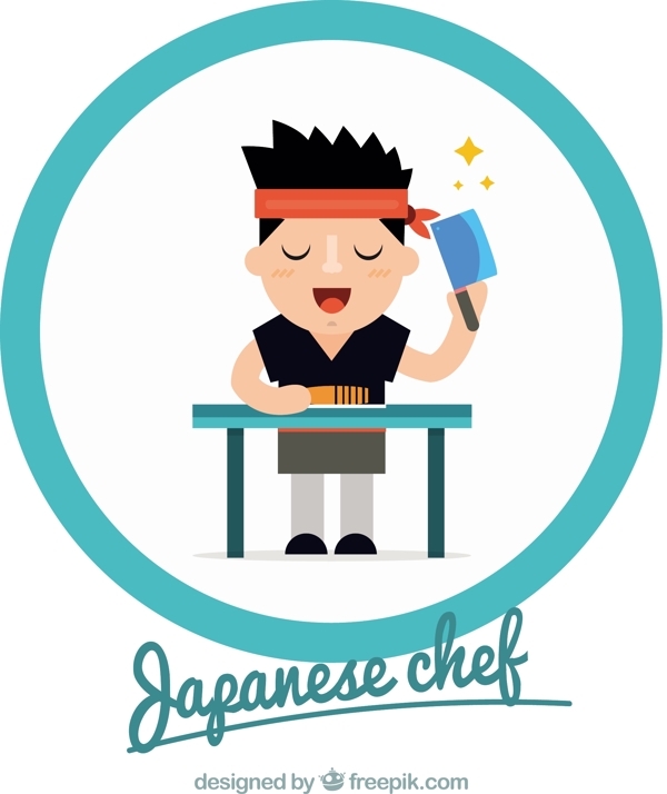 日本厨师插图蓝色圆圈边框背景